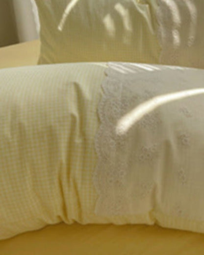 Sophia Gingham Lace Washed Cotton Bedding Set / Ocean Blue