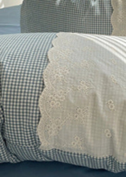 Sophia Gingham Lace Washed Cotton Bedding Set / Ocean Blue