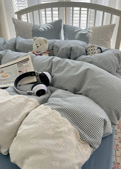 Sophia Gingham Lace Washed Cotton Bedding Set / Ocean Blue