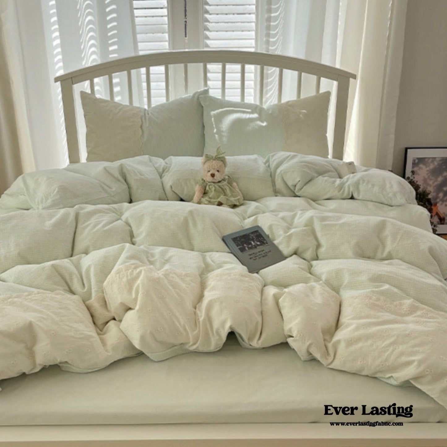 Sophia Gingham Lace Washed Cotton Bedding Set / Blue
