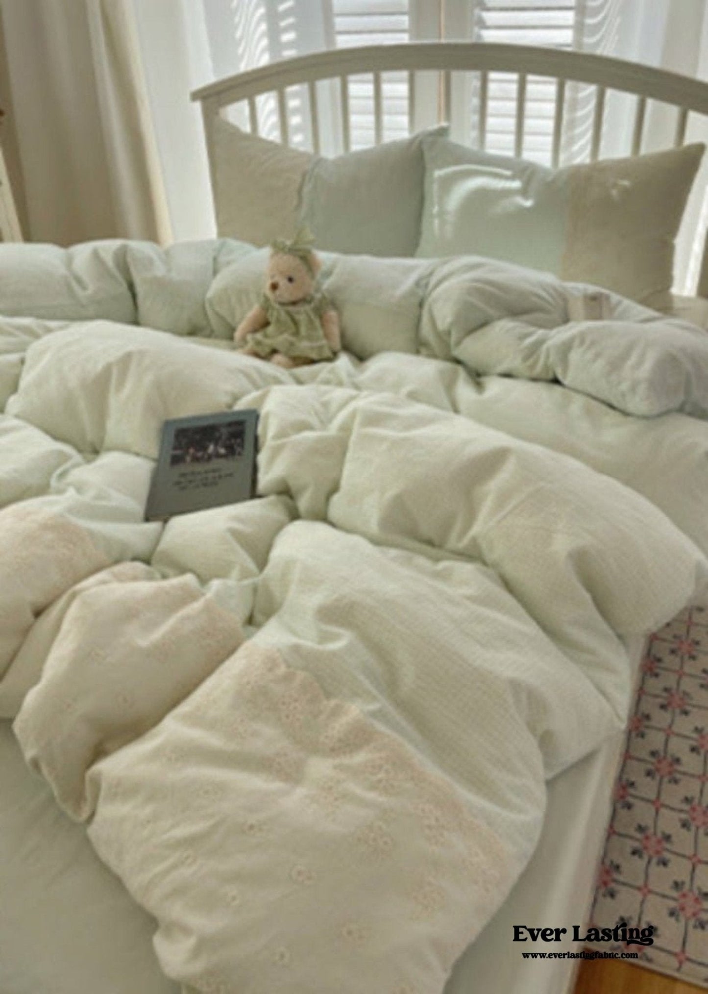 Sophia Gingham Lace Washed Cotton Bedding Set / Blue