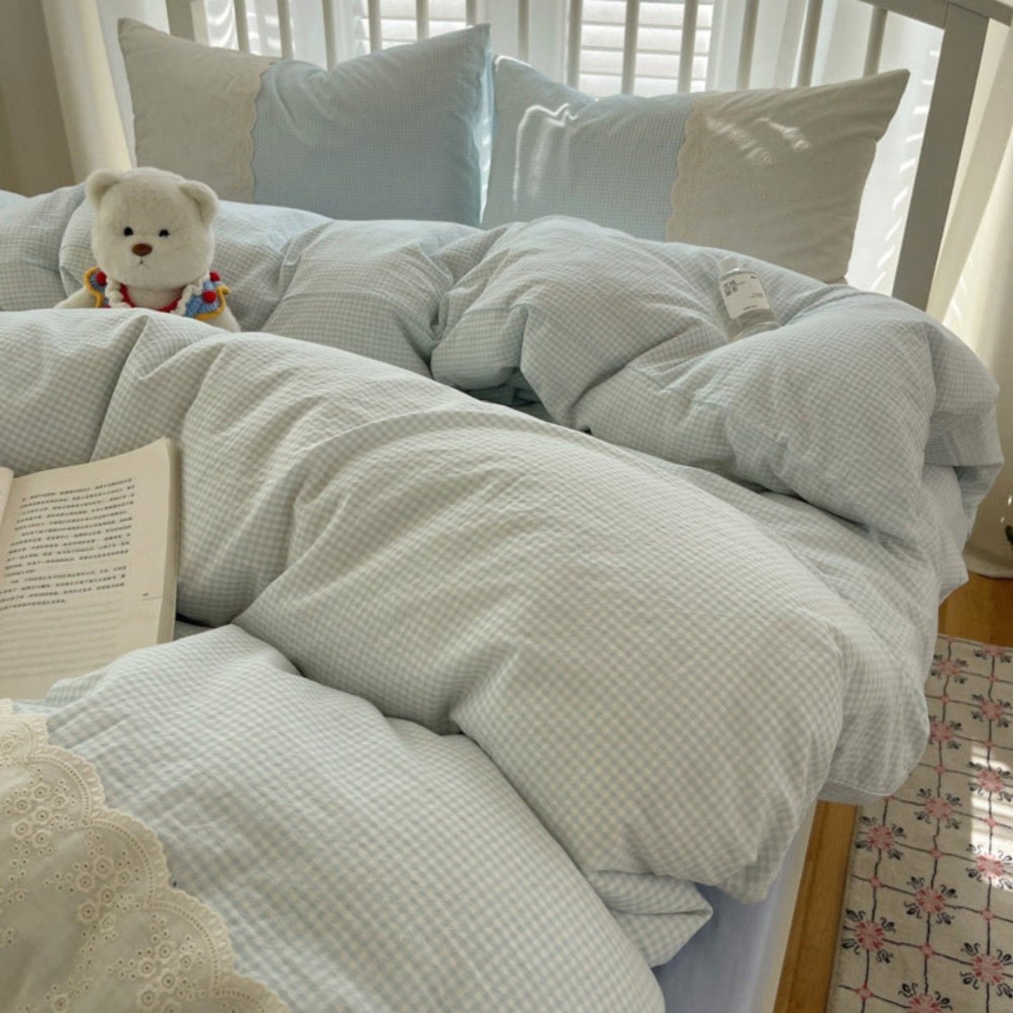 Sophia Gingham Lace Washed Cotton Bedding Set / Pink