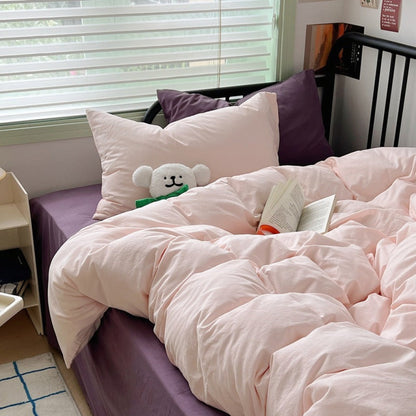 Spring Mixed Washed Cotton Bedding Set / White + Purple