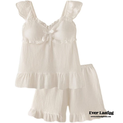 Sweet Ruffle Shorts Pajama Set / White