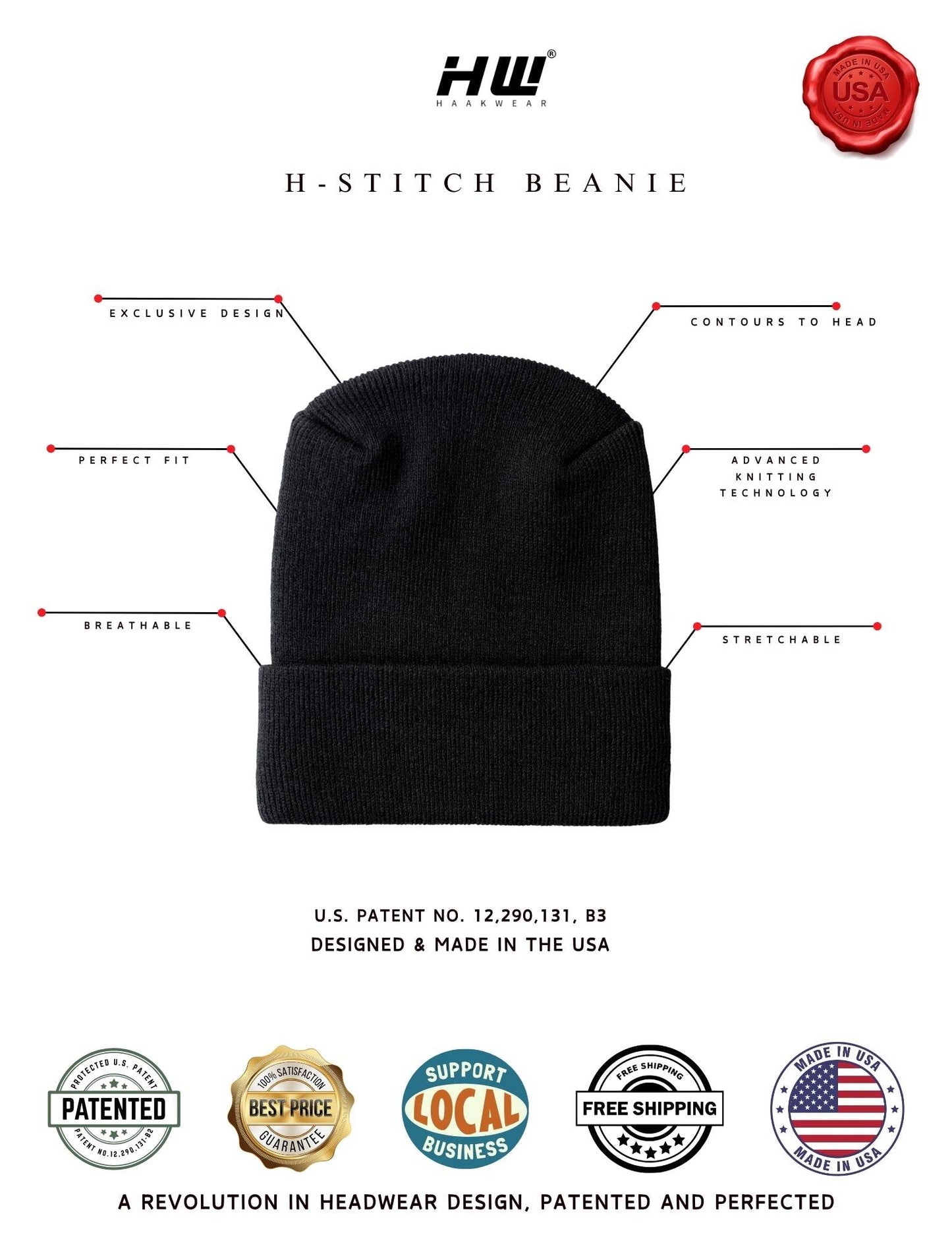 Haakwear American Flag Beanie, H Stitch Circular Knit Cuffed Beanie, Patented, Made in USA