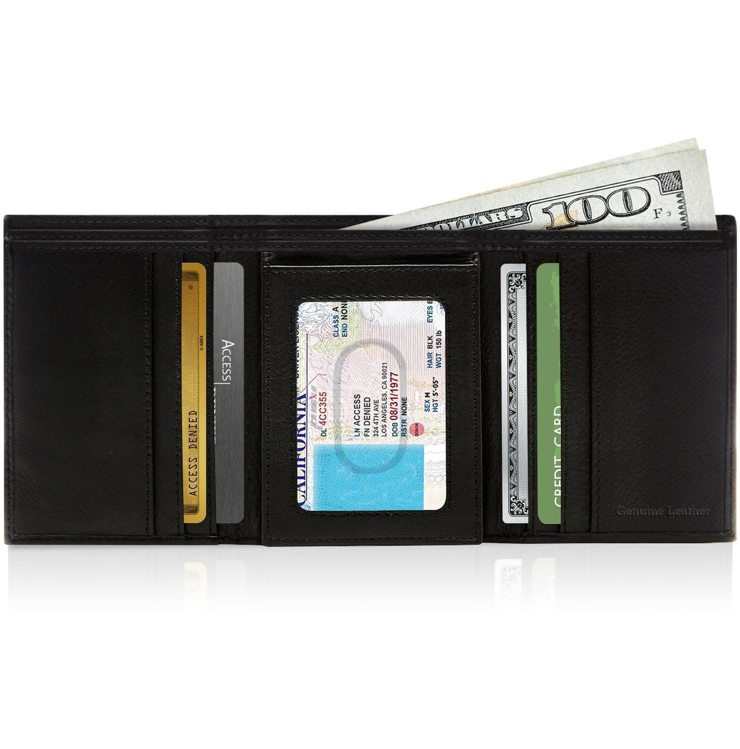 Genuine Leather Trifold Wallet – Flip-Up Dual ID Windows, RFID Blocking