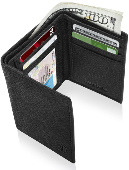Genuine Leather Trifold Wallet – ID Window, 7 Card Slots, RFID Blocking