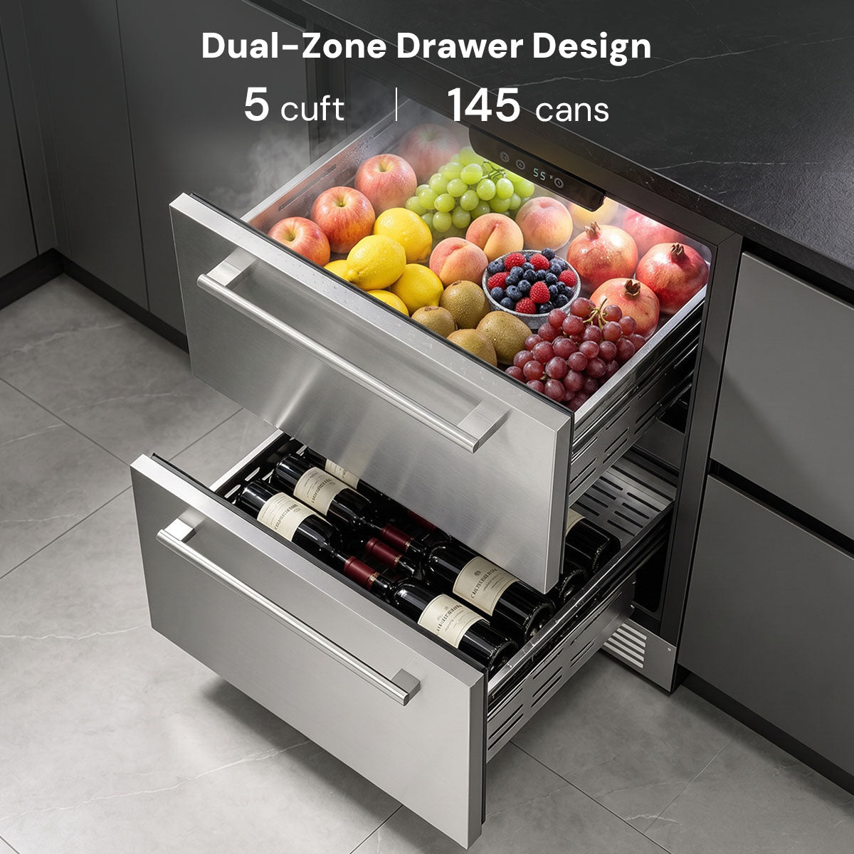 Kismile 24 Inch Built-In Double Drawer Refrigerator, 5.0 Cu.Ft Under Counter Beverage Fridge for Wine & Beer, Stainless Stee