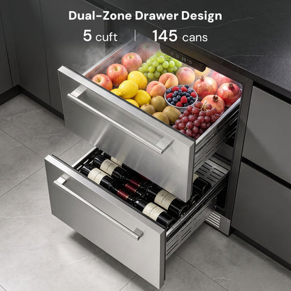 Kismile 24 Inch Built-In Double Drawer Refrigerator, 5.0 Cu.Ft Under Counter Beverage Fridge for Wine & Beer, Stainless Stee