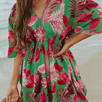 V-Neck Green/Pink Palm Empire Dress - FINAL SALE