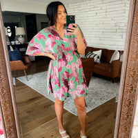 V-Neck Green/Pink Palm Empire Dress - FINAL SALE