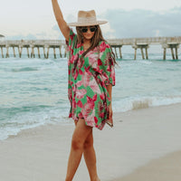 V-Neck Green/Pink Palm Empire Dress - FINAL SALE