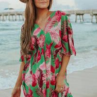 V-Neck Green/Pink Palm Empire Dress - FINAL SALE