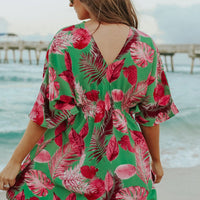 V-Neck Green/Pink Palm Empire Dress - FINAL SALE