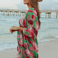 V-Neck Green/Pink Palm Empire Dress - FINAL SALE