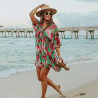V-Neck Green/Pink Palm Empire Dress - FINAL SALE
