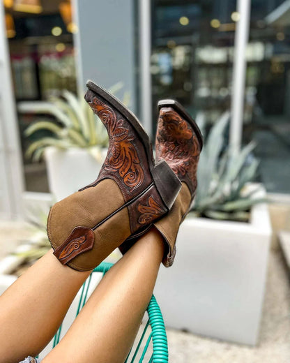 Women's Texan Handtooled Bootie - Flower Bitone