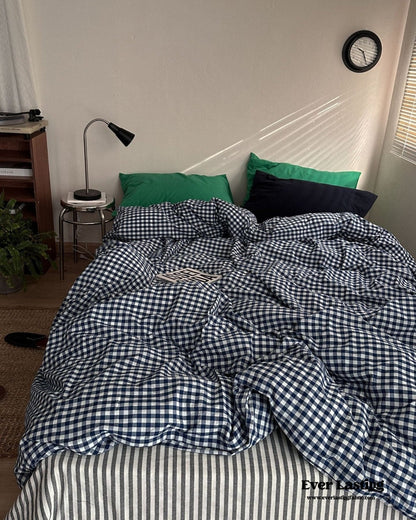 Vintage Deep Blue Gingham Bedding Set
