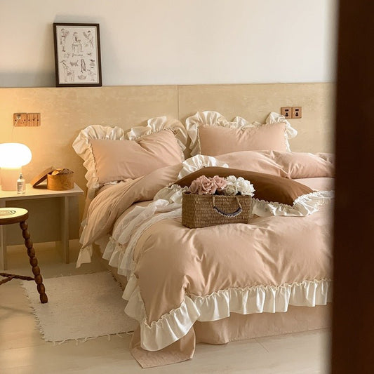 Vintage Earth Tone Large Ruffle Bedding Set / Pink