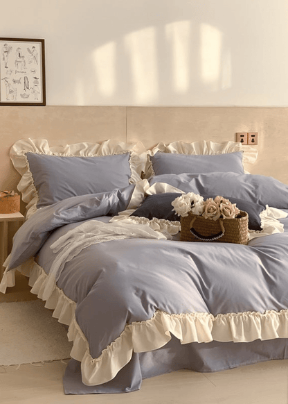 Vintage Earth Tone Large Ruffle Bedding Set / Royal Blue