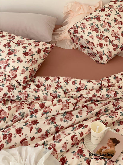 Vintage Floral Jersey Knit Bedding Set / Rust Pink