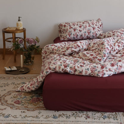 Vintage Floral Jersey Knit Bedding Set / Rust Pink
