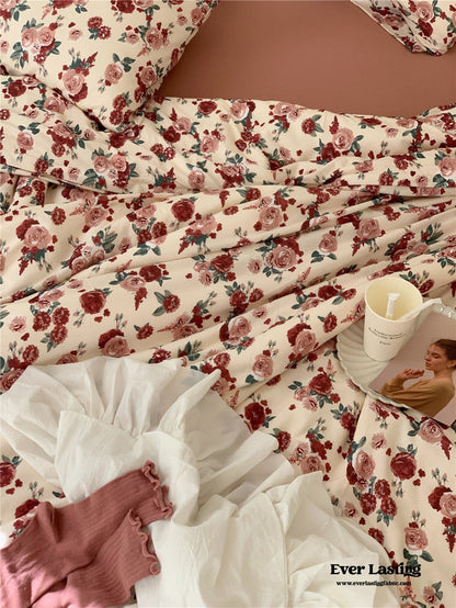 Vintage Floral Jersey Knit Bedding Set / Rust Pink