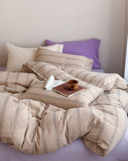 Vintage Striped Washed Cotton Bedding Set / Khaki & Purple