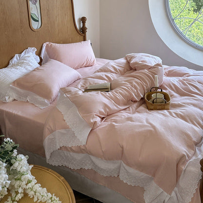 White Ruffle Lace Bedding Set / Yellow