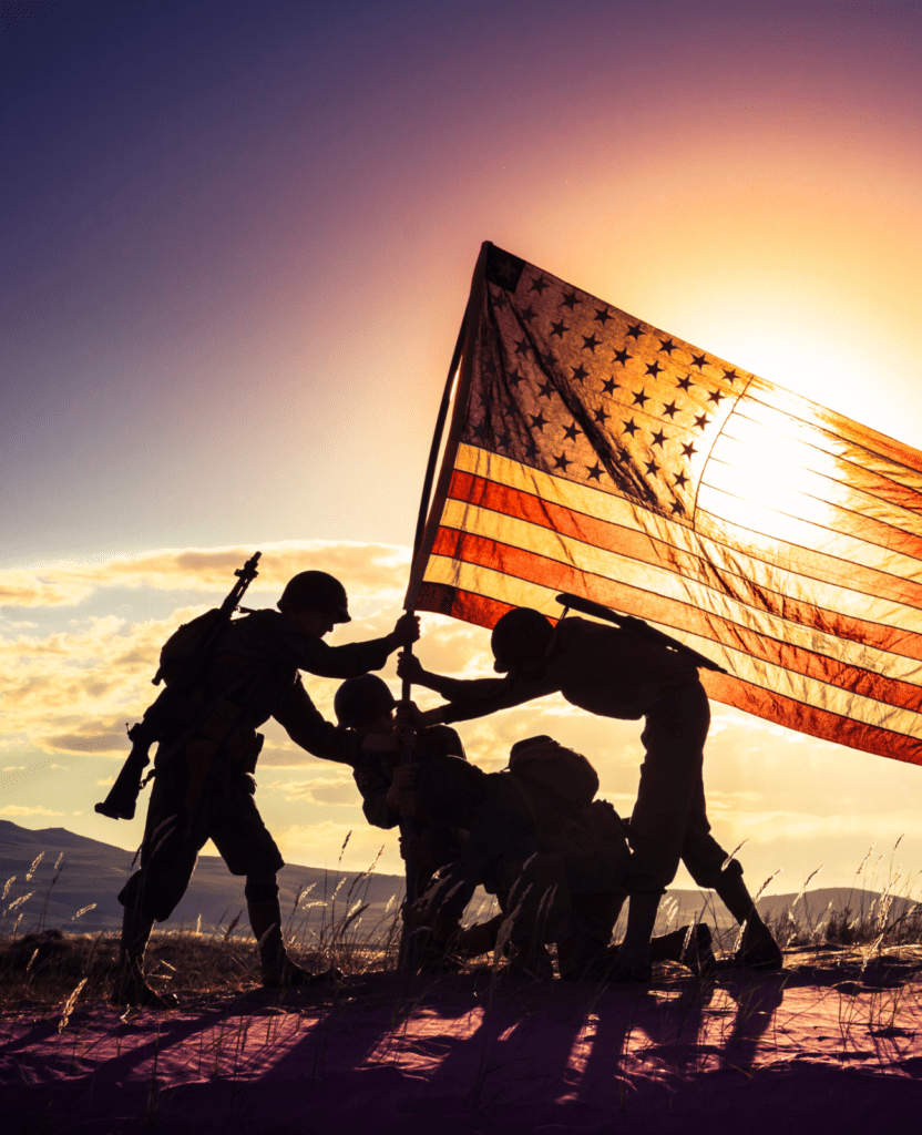 American WWII soldiers raising American flag