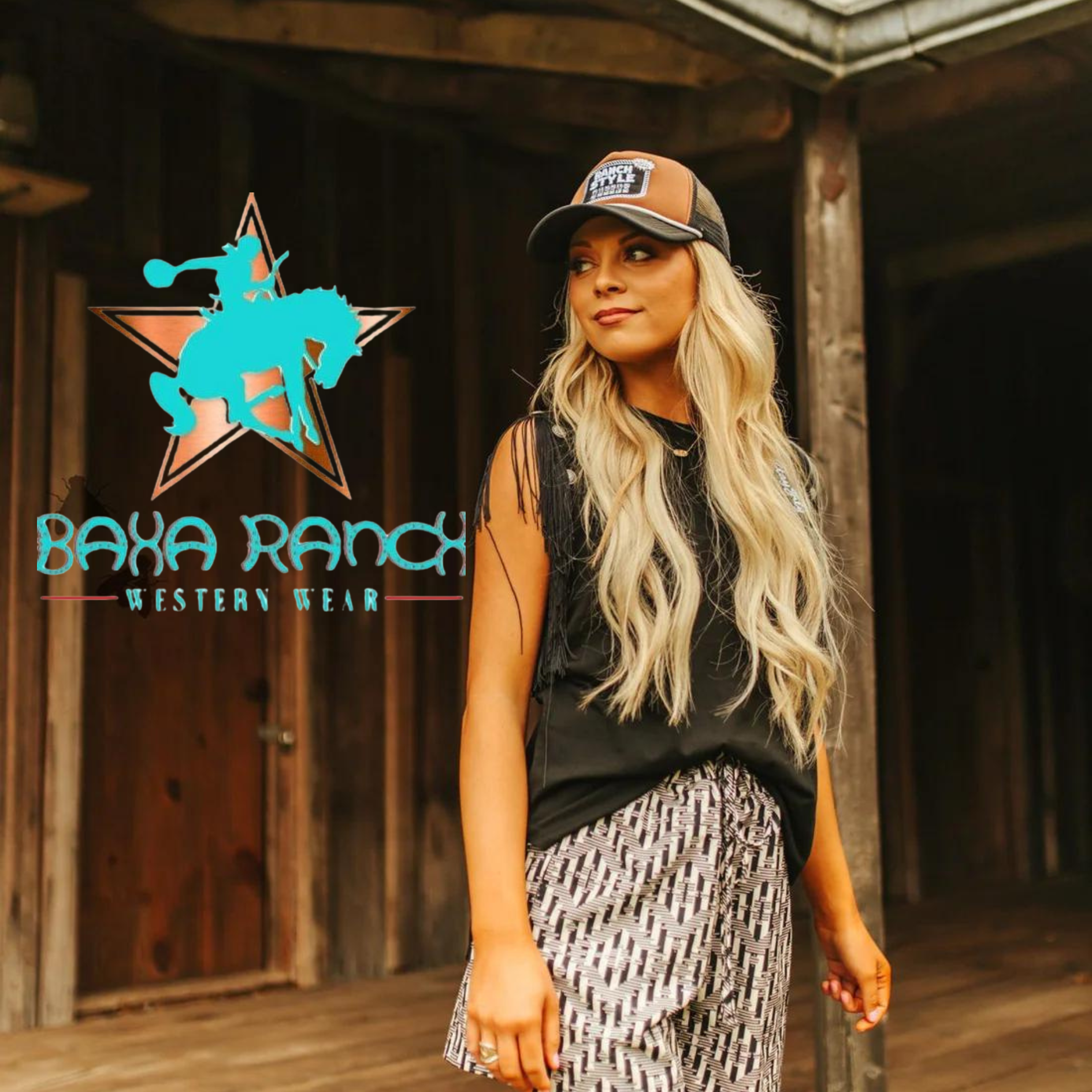 BAHA Ranch Western Wear logo with cowgirl model