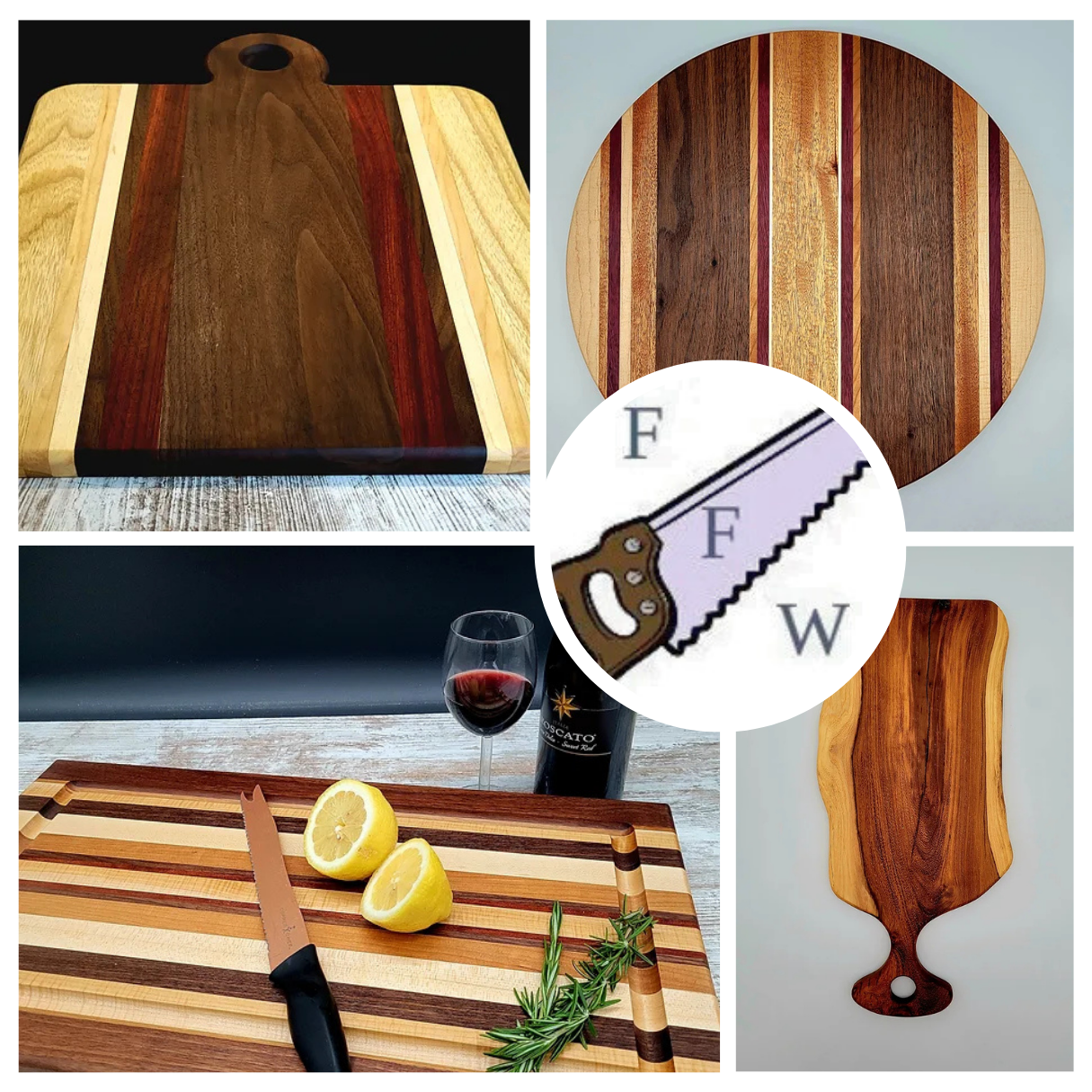 Farwell's Fine Woodworking logo and wood cutting boards